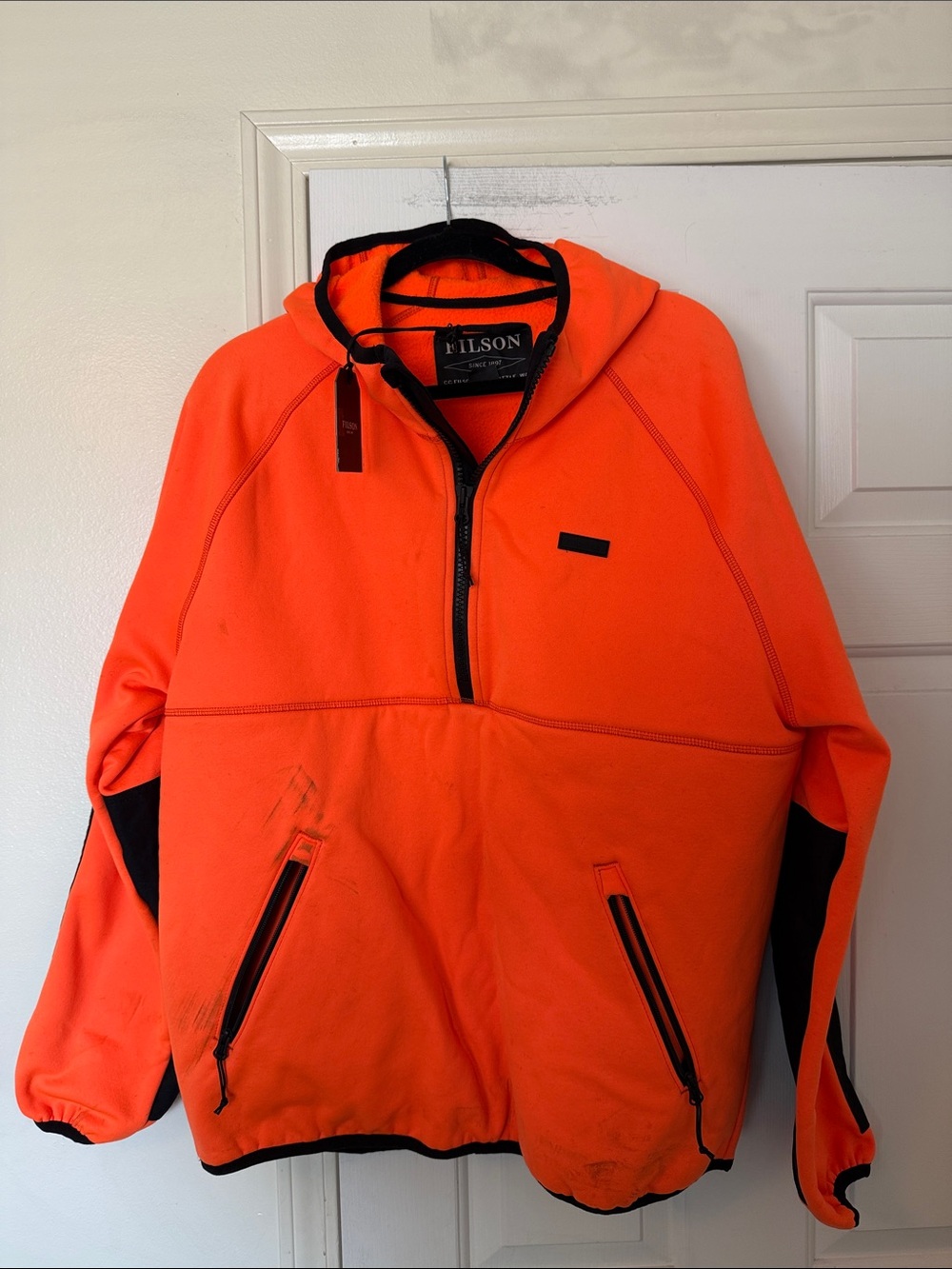 Filson Men's High-Visibility Orange Hooded Pullover with Black Trim